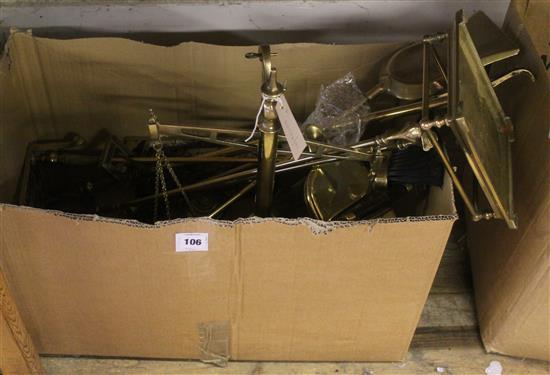 Set of brass fire irons, hot water can, pair brass trivets, set brass & wood scales etc(-)